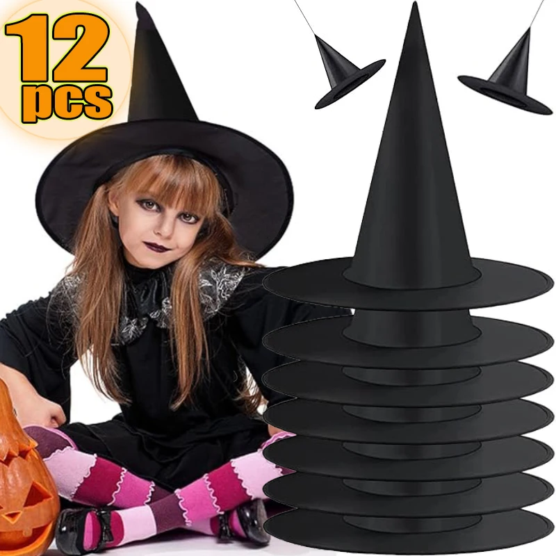 1-12 sztuk Halloween kapelusz wiedźmy dzieci dorośli impreza z okazji Halloween przebranie na karnawał rekwizyty dekoracja czarna czapka czarodzieja podwórko wiszący kapelusz wiedźmy