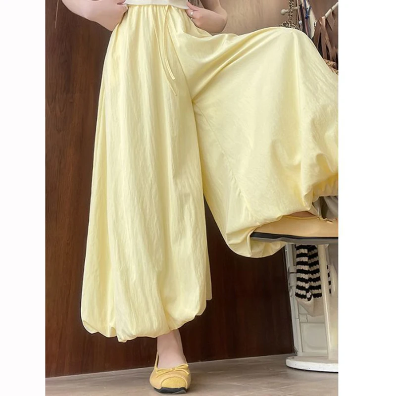 

Women Designer Baggy Solid Culottes Female Classic Yellow High Waist Trousers Girls Korean Comfortable Wide Leg Pants