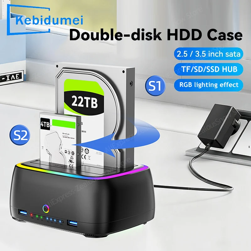 

Dual-bay RGB Hard Drive Station USB3.0 5Gbps Offline clone Data Adapter for 2.5/3.5 Inch HDD/SSD TF/SD Card With 12V 3A EU Power