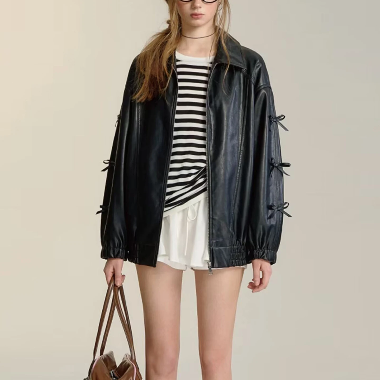 Faionable Knot Leather Jaet Damen Trendy Oberbekleidung Street Sle Loose Fit Long Sve Reißverschluss Mantel