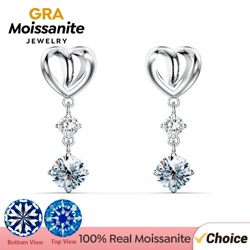 GRA 1CT D Color Moissanite Diamond Unusual Long Hanging Heart Dangle Earrings for Women 925 Sterling Silver Wedding Fine Jewelry