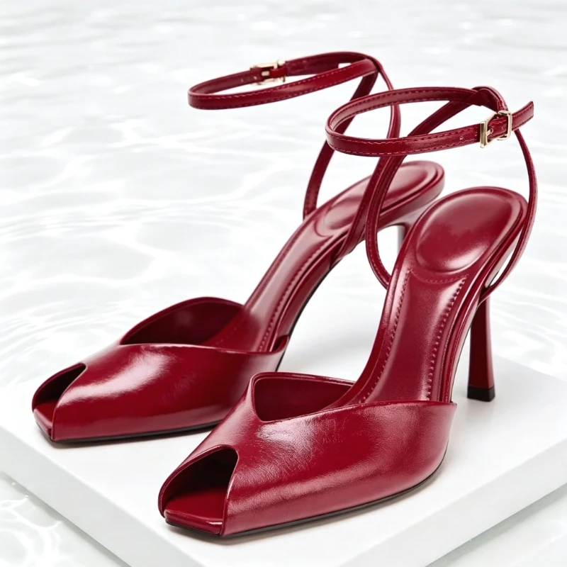 Sandalias cómodas de tacón alto de marca de cuero suave para mujer, zapatos sexis de verano con punta abierta y hebilla en el tobillo, zapatos de diseñador de tacón fino, zapatos de vestir a la moda