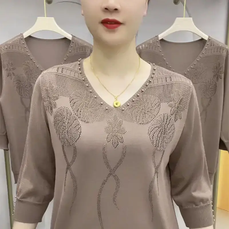 Korean Vintage Women Clothing 3/4 Sleeve Knitted T-shirt Spring Summer Fashion V-neck Solid Diamonds Loose Casual Tops 2023 New