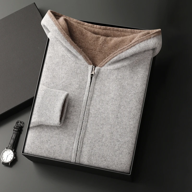 DjzDsm الراقية الرجال الخريف والشتاء 100% الكشمير سترة مشغولة من الصوف على الوجهين ملابس خارجية مقنعين حجم كبير سترة الملابس