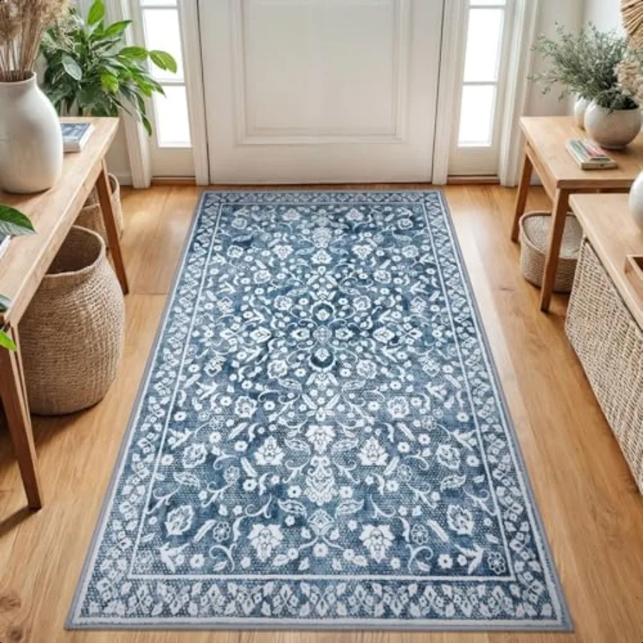 

3x5 Washable Rug for Entryway er Soft Blue and White Entryway Rug NonSlip Printed Faux Wool Floral 3x5 Area Rug Thin Floor Car