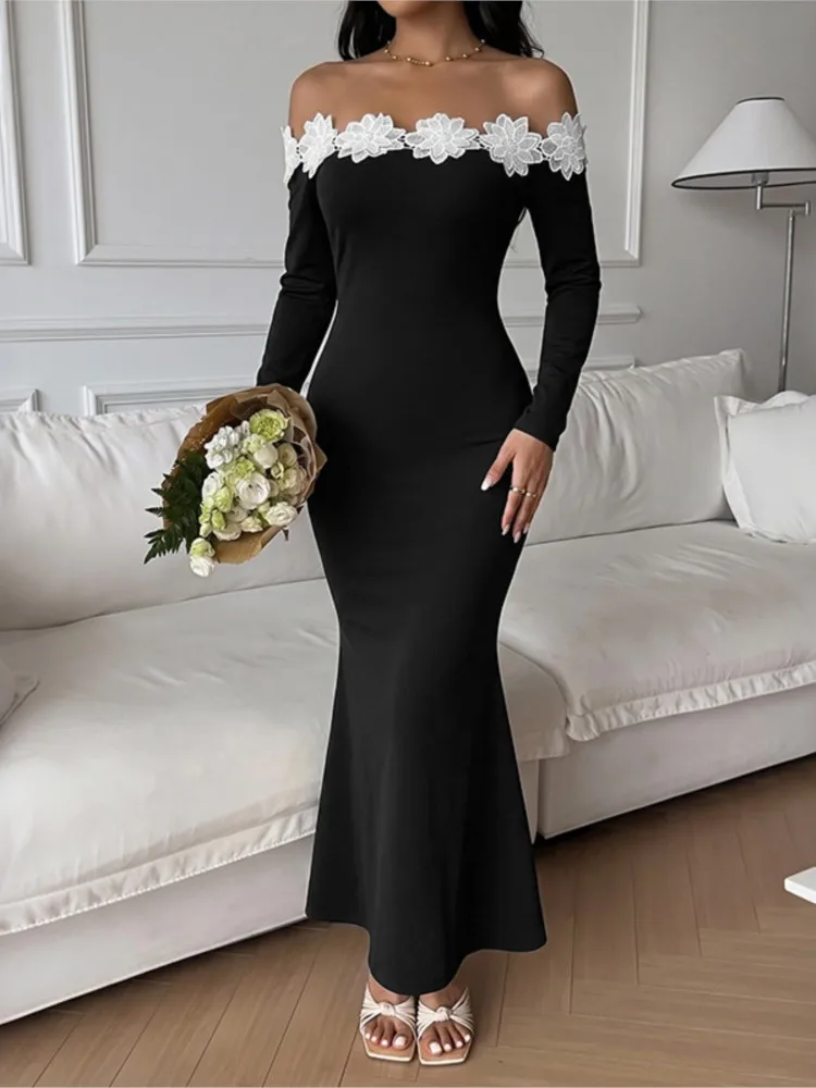 Women's Off Shoulder Maxi Dress 2026 Autumn New Lace Trim Long Sleeve Mermaid Long Sleeve Slim Wedding Evening Dress Female