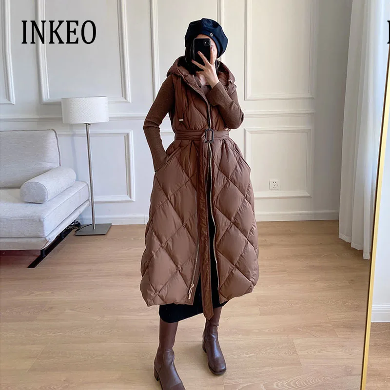 Luxury Women's Sleeveless Down Vest With belt Winter Warm Zipper Hooded Long Down jacket Fashion Outerwear Lady INKEO 1O338