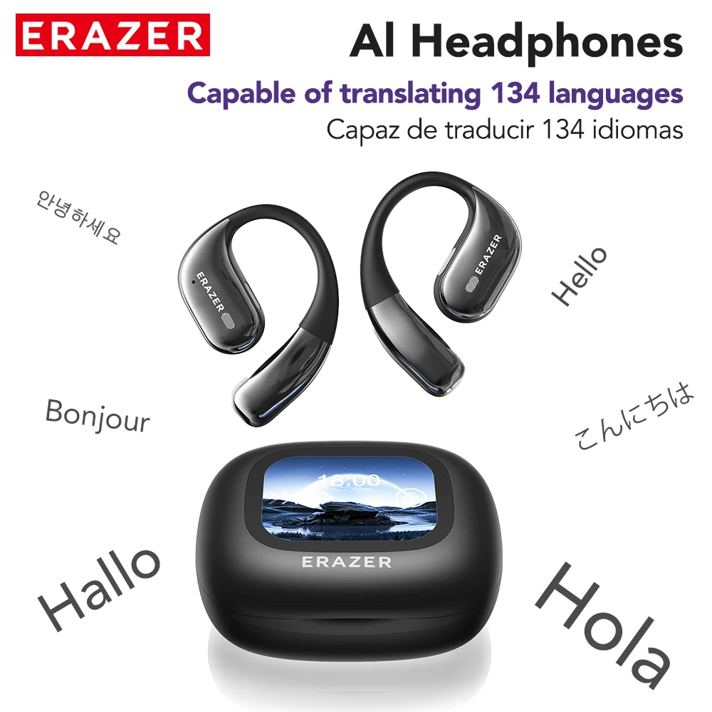 ERAZER Wireless Bluetooth Earbuds XF26 Low Latency HiFi Stereo Open-Ear Hook AI Translator Earphones With Mic Gaming Daily