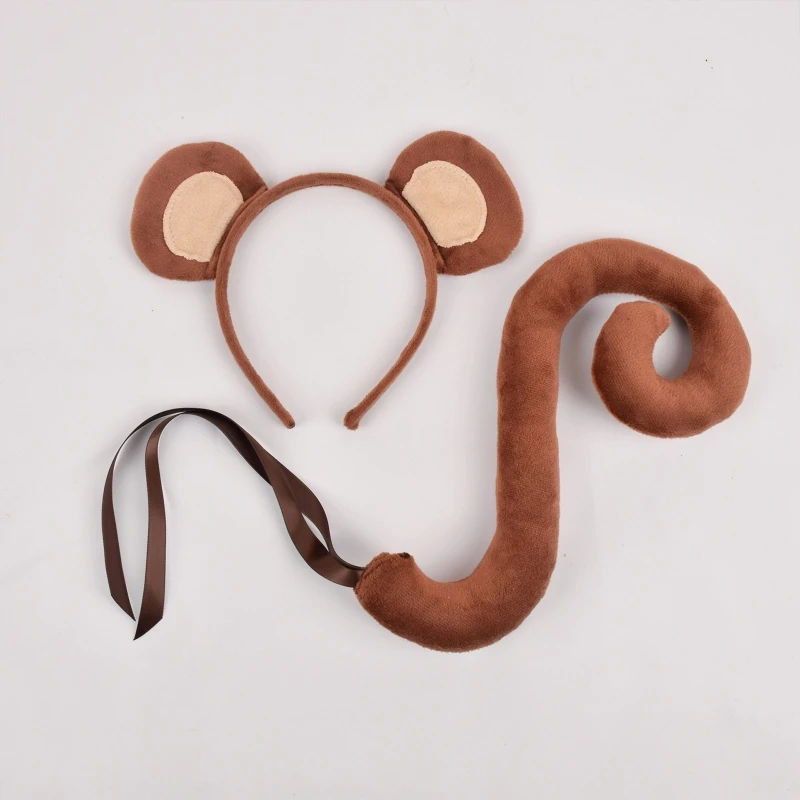 Set di costumi di scimmia Set di orecchie e coda di animali accessori per abiti fantasia di scimmia orecchie di peluche fascia puntelli Cosplay di Halloween M6CD