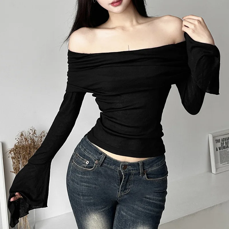 Korean Grunge Long Sleeve Crop Tops Women Off-shoulder T-shirt Autumn Spring Slim Fit Hotsweet 90s Vintage Y2K Tees Streetwear