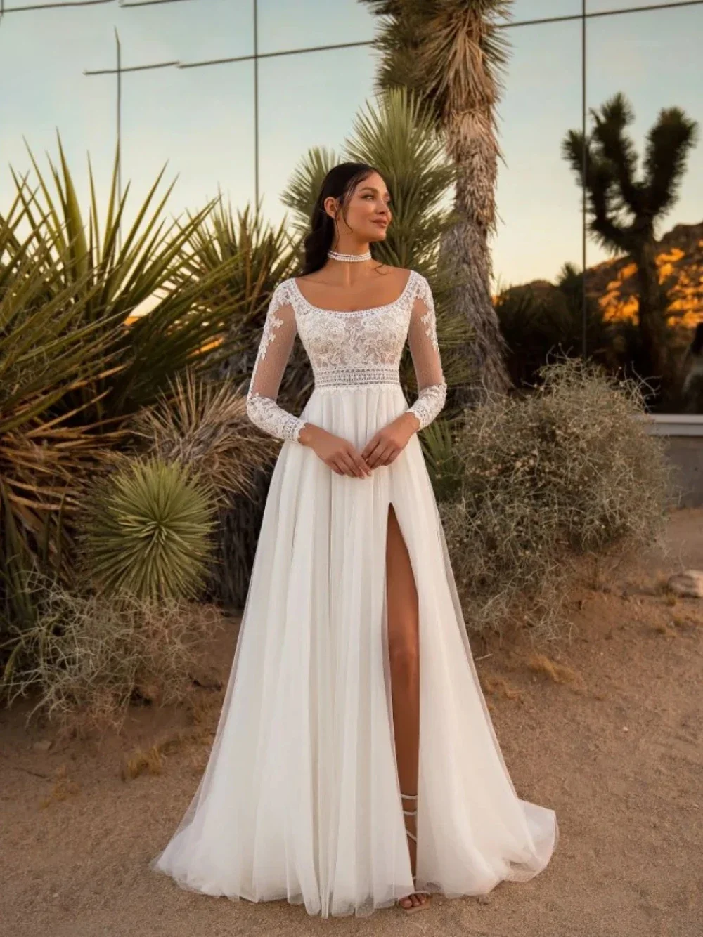 

Elegant Bohemian Wedding Dress Lace A Line Bridal Dress Long Sleeve Illusion Side Split Square Neck Customized vestidos de novia