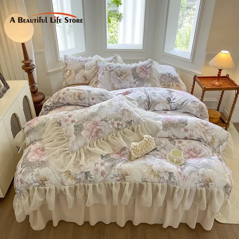 Floral Print Washed Cotton (Not Pure Cotton) Bedding Set Bed Skirt Bedspread Quilt Cover French Vintage Lace Princess Bed Set