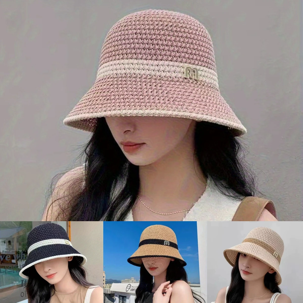 

Rhinestone Letter Knitted Hollow Sun Hats Women Sunshade Matching Color Ladies Holiday Beach Bucket Hat Traveling Fisherman Cap