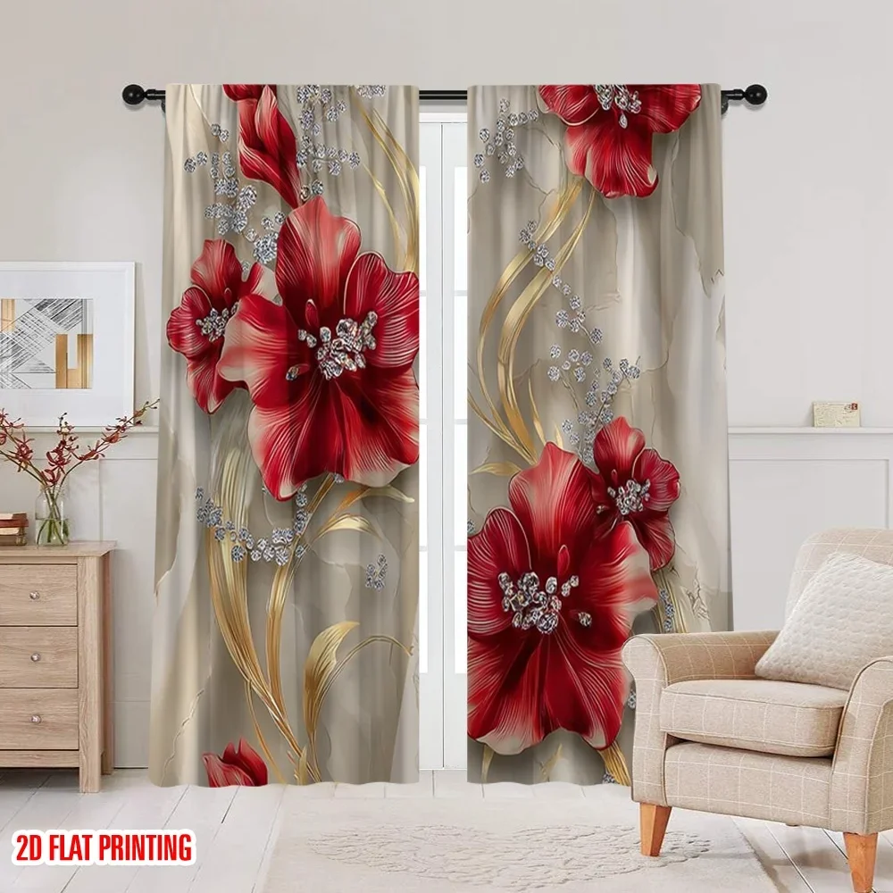 2 قطعة ستائر مطبوعة مسطحة ثنائية الأبعاد أنيقة منقوشة بالزهور الحمراء ستائر بوليستر مطبوعة رقمية زينة للعطلات تستخدم للحدث