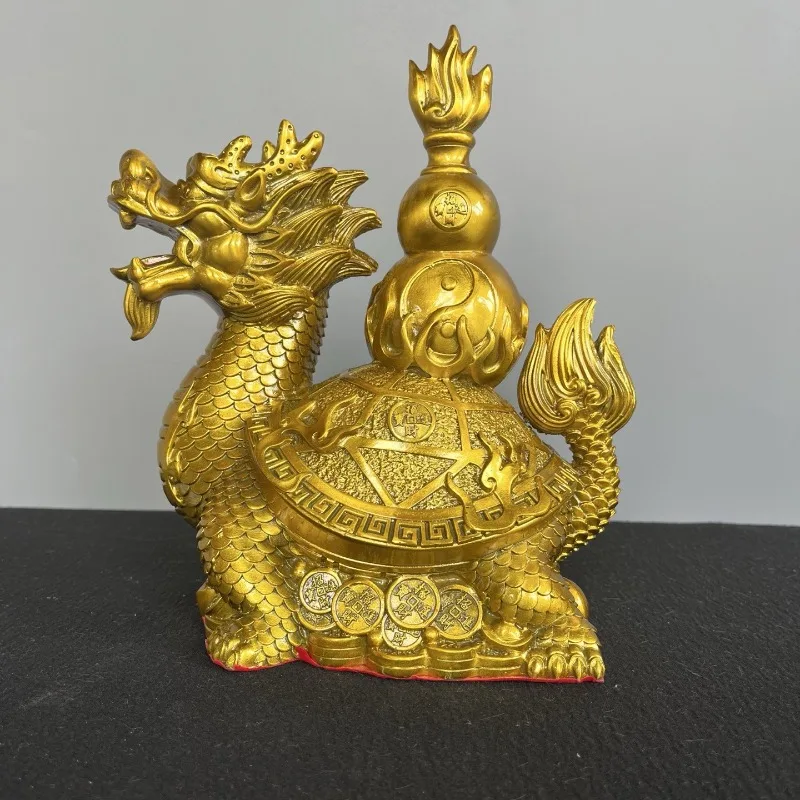 Feng Shui Wealth Dragon Turtle Sculpture Gold Tone Gourd Ingot Coin Statue Home Desk Lucky Oriental Decorative Craft
