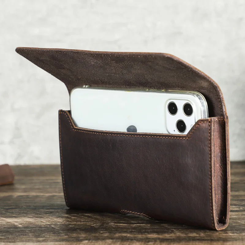 

HTS-MB256 Ретро кожаная многофункциональная мобильная поясная сумка Crazy Horse, носимая сумка для брюк, мужская поясная сумка из натуральной кожи