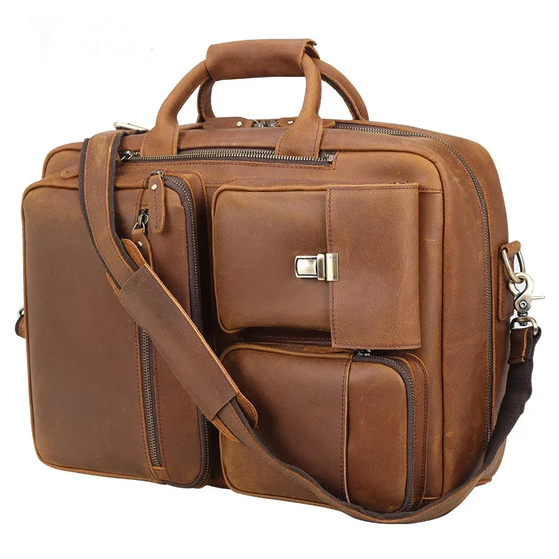3 in 1 Men's Leather Briefcase Backpack Shoulder Bag Genuine Leather Crossbody Bag for Men Male Working Tote Multifunctional