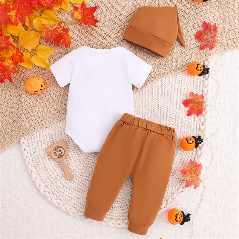 Baby Boy Halloween Outfit Pumpkin Print Short Sleeves Romper and Elastic Pants Beanies Hat Set 3 Piece Clothes