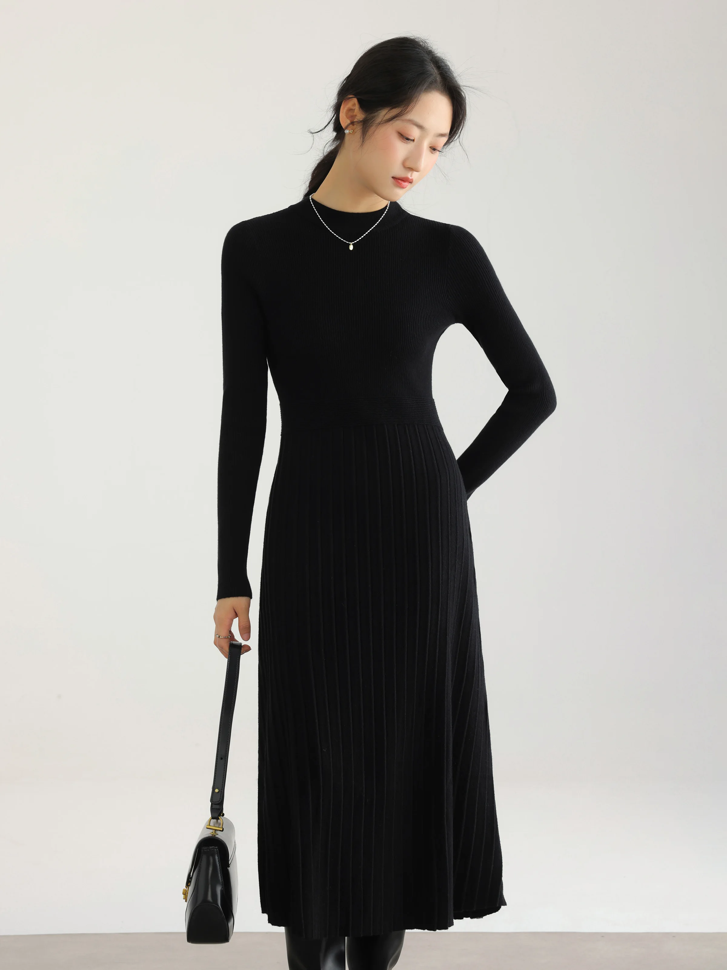 Vestido de malha elegante para mulheres, vestido suéter de manga comprida, cintura alta, vestido midi canelado para camadas de outono e escritório casual