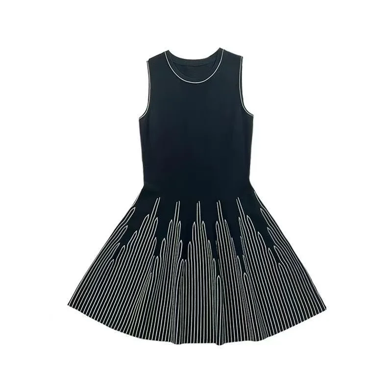 Francuska Sukienka Dzianinowa Bez Rękawów z Temperamentem Damska Letnia Nowa Sukienka z Dekoltem O-Neck z Wysokim Stanem Wyszczuplająca Sukienka Codzienna Biurowa Sukienka typu Vest w Linii A