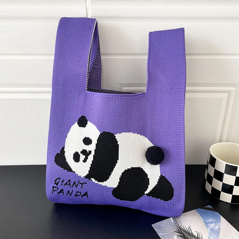 Cute Panda Handmade Knitting Bag Fashion Simple Shoulder Bag Large Capacity Handbag Shopping Bag For Students Classic Women Bags