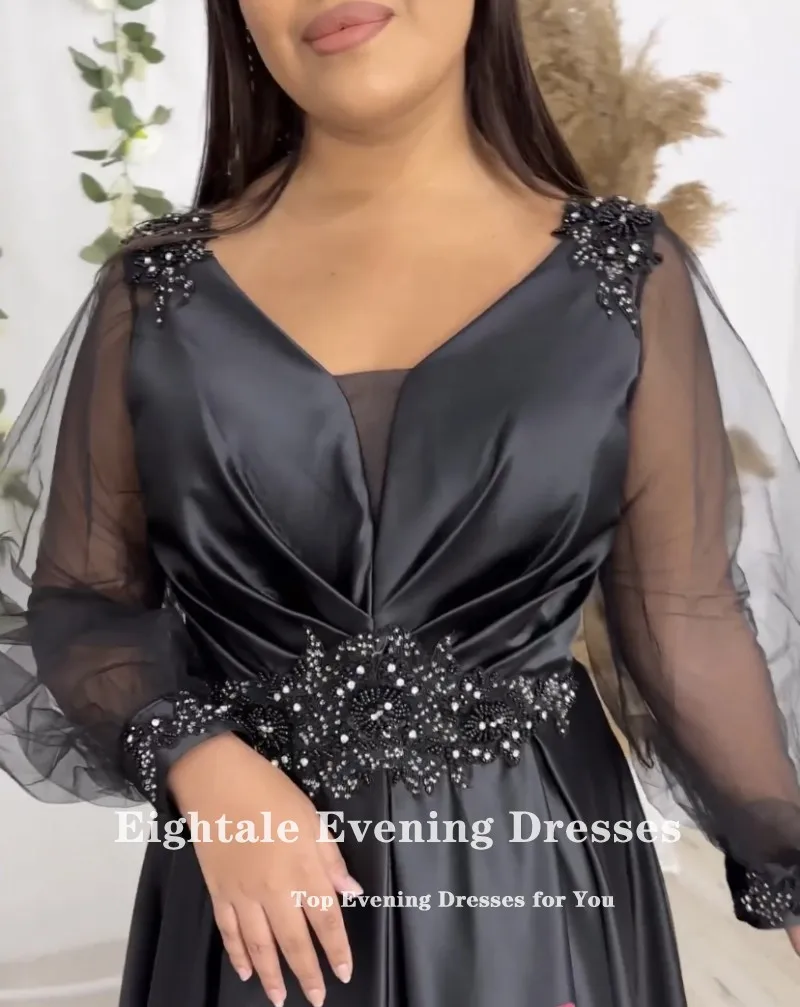 Eightale Plus Size Evening Dresses Black V-Neck Appliques Formal Satin Beaded Pleats Celebrity Prom Party Gowns for Wedding