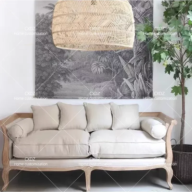 Solid Wood Sofa Simple Light Luxury Flannel Cotton Linen Fabric Double Triple Seater Sofa Bed Classic Style for Villa Living