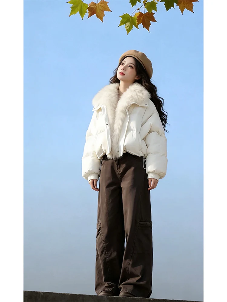 

White Thiened ort Cotton Jaet Women's Large Size Winter Outerwear Bread Sle Coat with Big Fur Collar Korean Sle