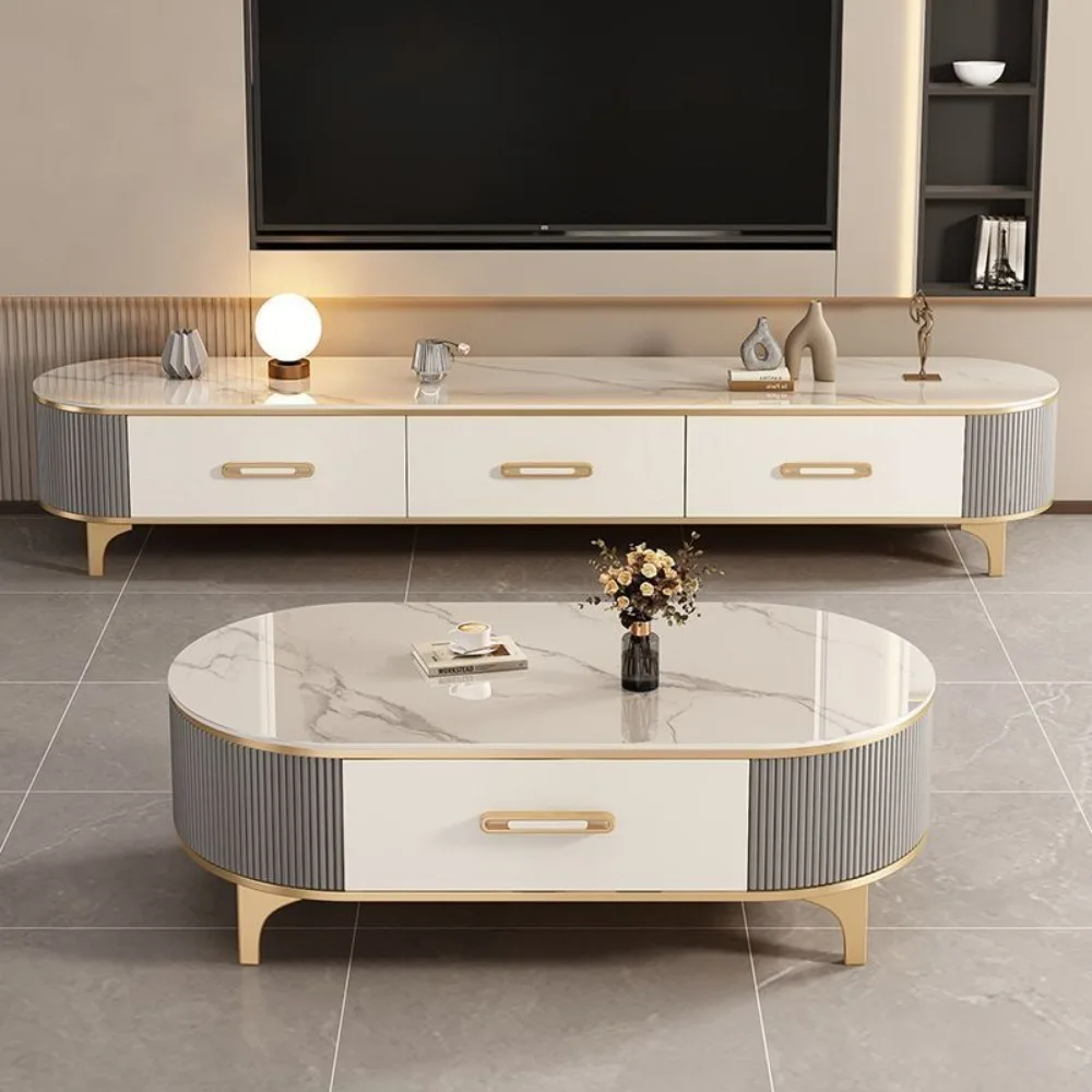 Coffee table light luxury rock slab coffee table living room small apartment oval TV cabinet combination