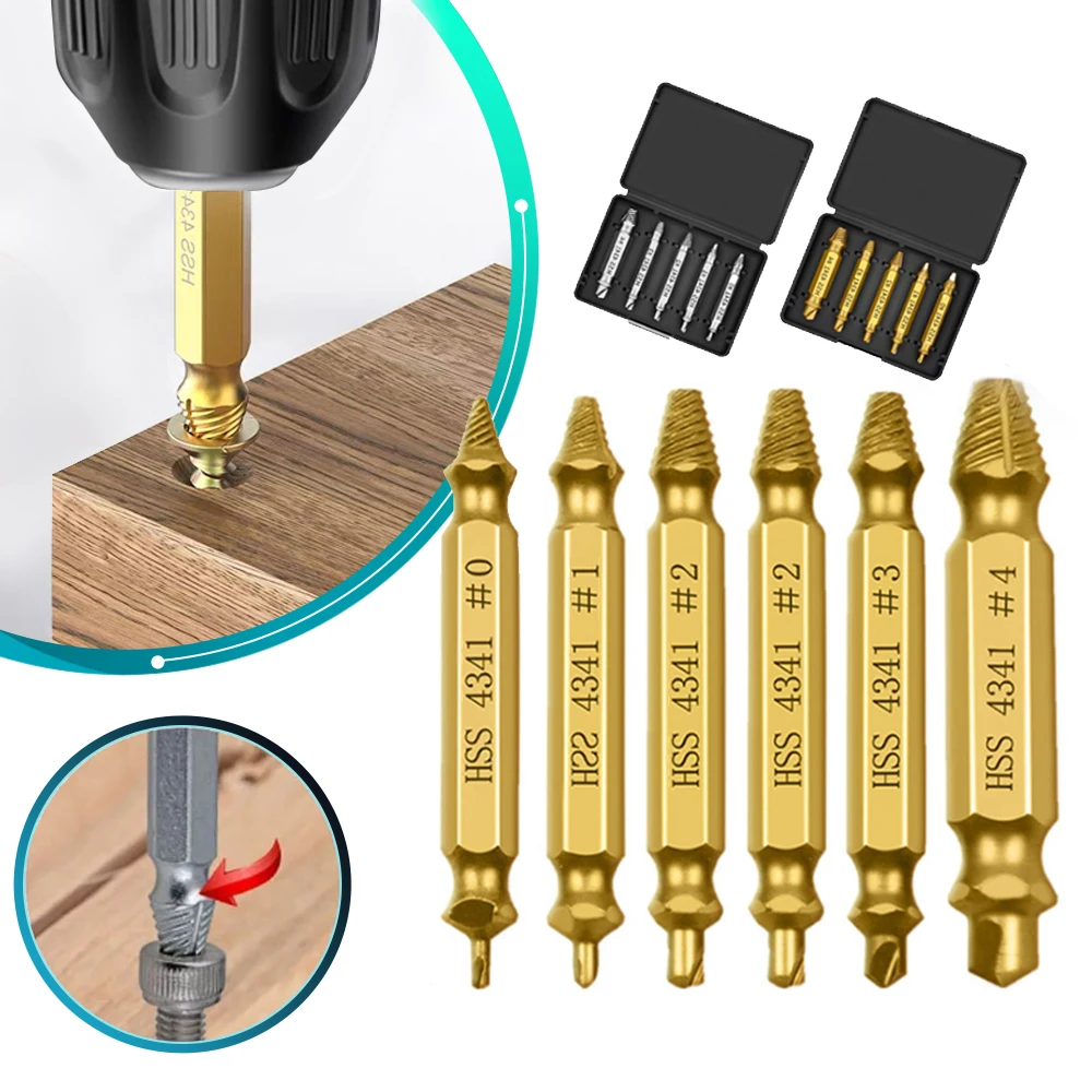 Juego de herramientas de extracción de tornillos, Extractor de tornillos rotos y retorcidos, ajuste de taladro, removedor de pernos, tira, 6 piezas