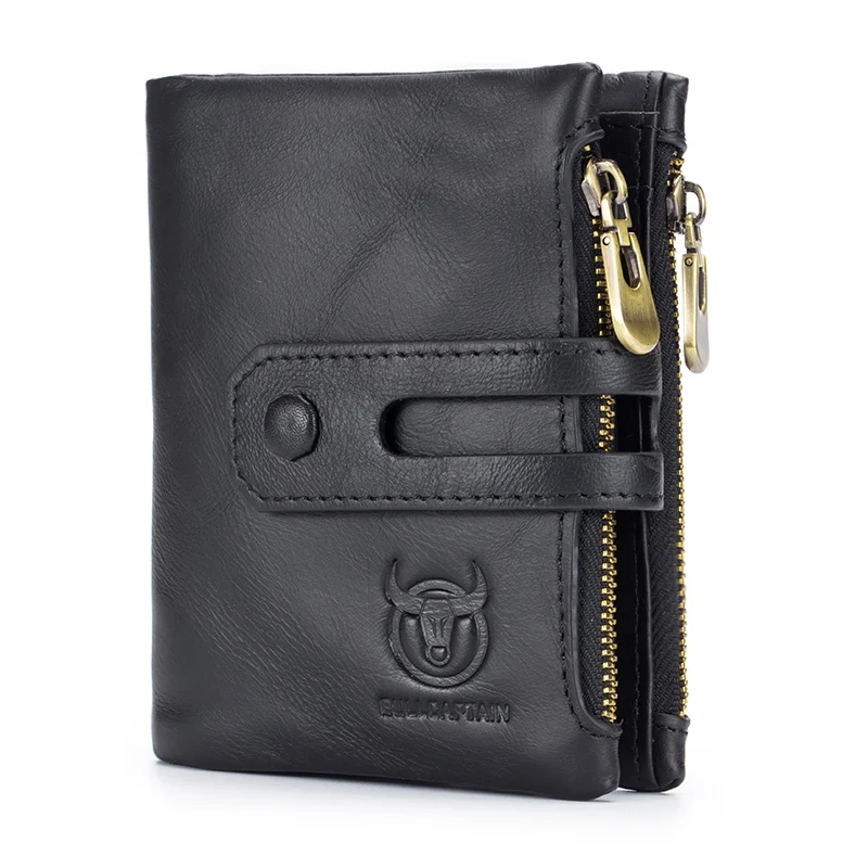 2023 New Men Wallet 100% Genuine Leather RFID Blocking Wallets Card Holder with Anti Theft Chain Double Zipper Coin Pocket