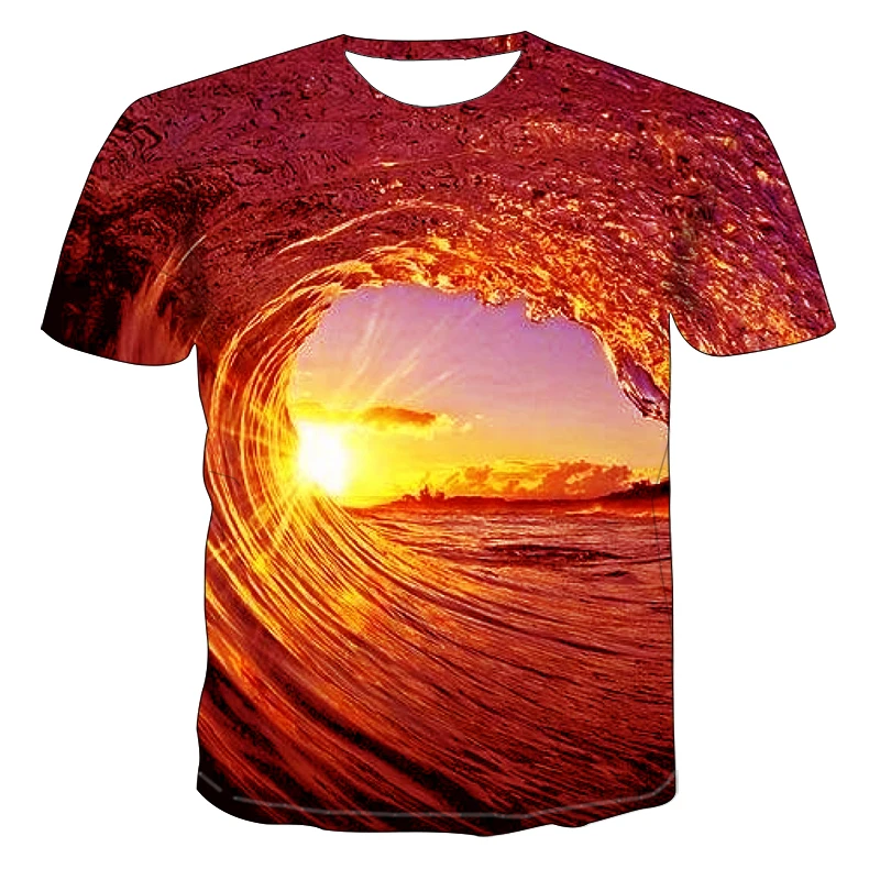 3d Wave Landscape Color Printing Men\'s And Women\'s T-shirt Breathable Seaside Scenery Pattern Trend Hip-hop Light Summer