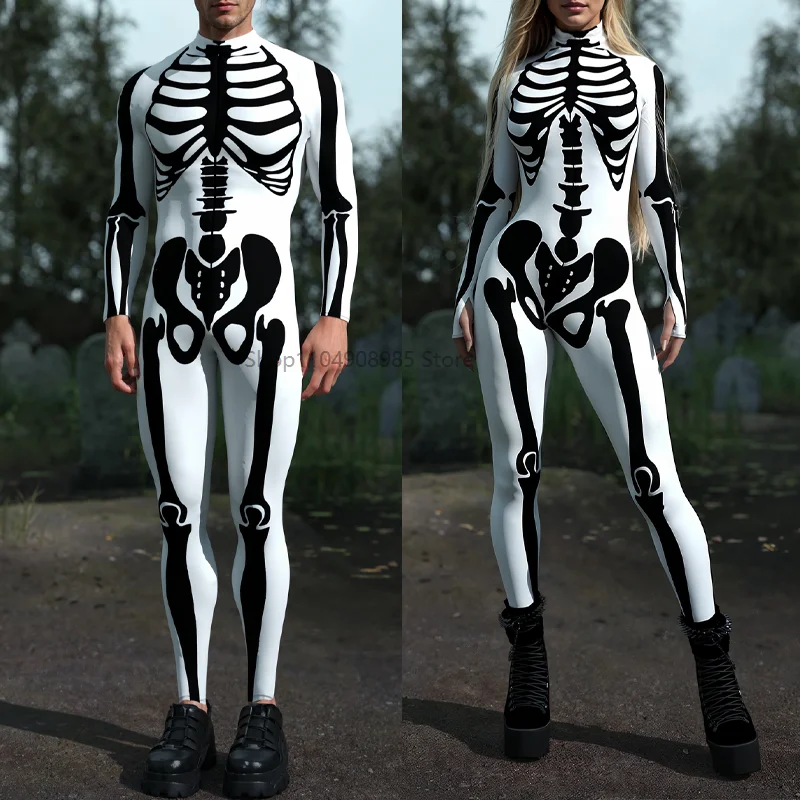 

White Bossy Skeleton Costume Mechanical Armor Bodysuit Cyber Jumpsuit Halloween Party Cosplay Steampunk Zentai Suit 2025