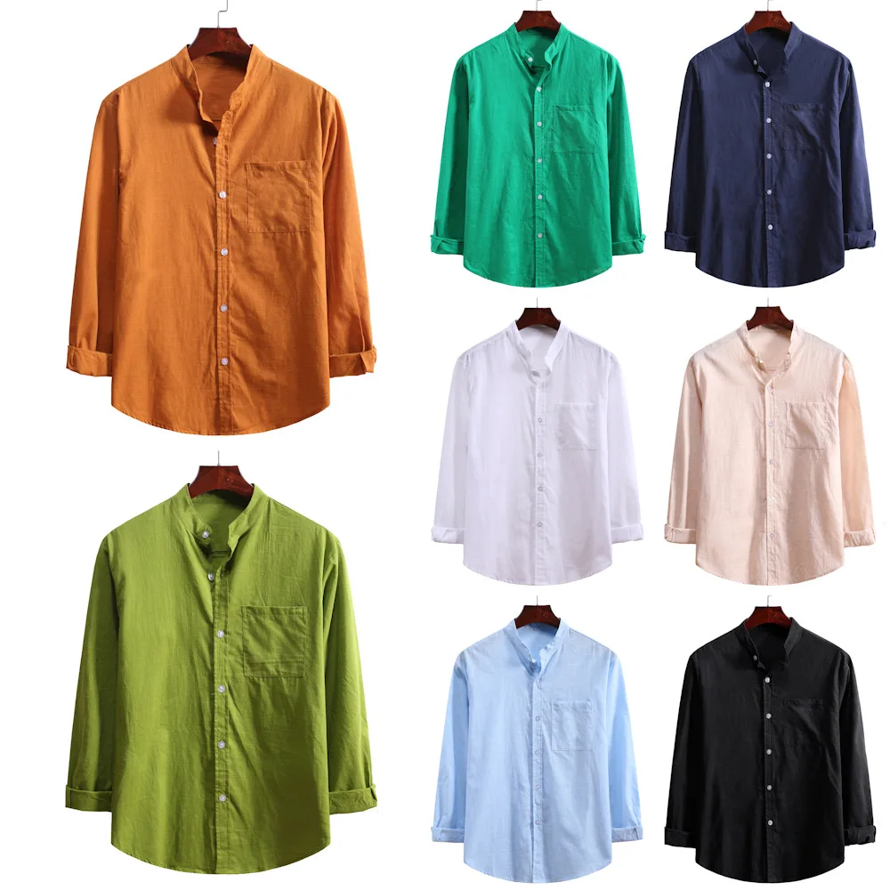 

Men's Long Sleeve Linen Shirt Stand Collar Cotton Casual Style Fashionable Fit Body Shirt for Spring Season Chinese Production