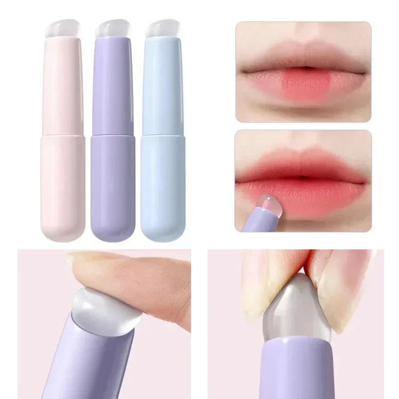 Pincel labial de silicone com tampa, 2 peças, cabeça redonda, corretivo angular, batom, pincel macio para sombra, pincéis de maquiagem multiuso