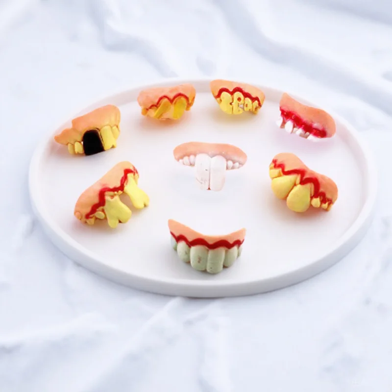 5 szt. Zestaw sztucznych zębów z dziurami, pęknięciami, odpryskami, wyglądających nieprzyjemnie, czarnych, idealnych na Halloween, Wielkanoc, maskaradę, dla strasznego wygląd, sztuczne zęby