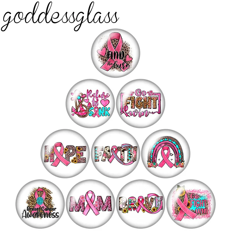 New Pink Ribbon Patterns Mom Brave Hope 10pcs 12mm/18mm/20mm/25mm Round photo glass cabochon demo flat back Making findings