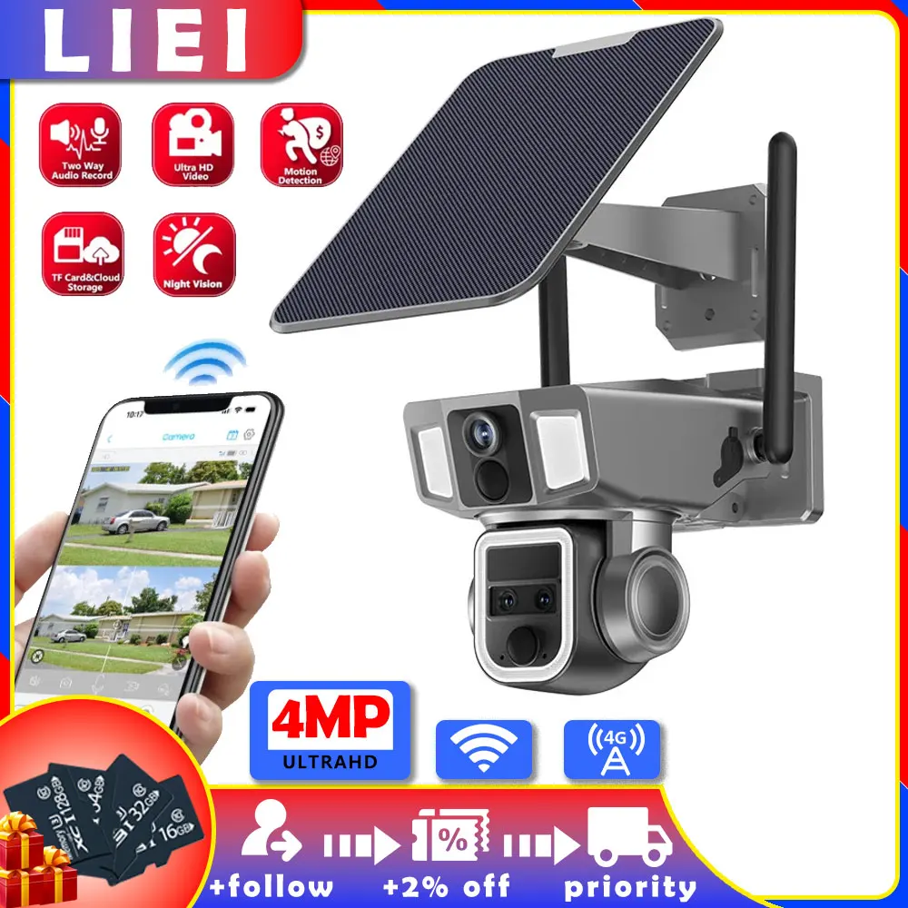 

LIEI 10X Zoom Dual Lens 4MP 4G Solar Camera Recording Humanoid Tracking Outdoor 2.4GHZ WIFI Camera Metal Waterproof 12000mA CCTV