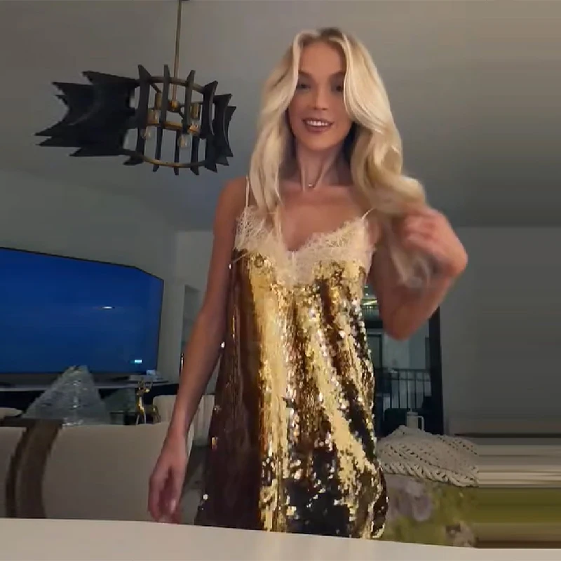 جلام الذهب الترتر فستان الدانتيل بريق مثير حار خمر شيك عارية الذراعين سيدة كامي فساتين صغيرة الحفلات المسائية ثوب المرأة الأنيقة #6