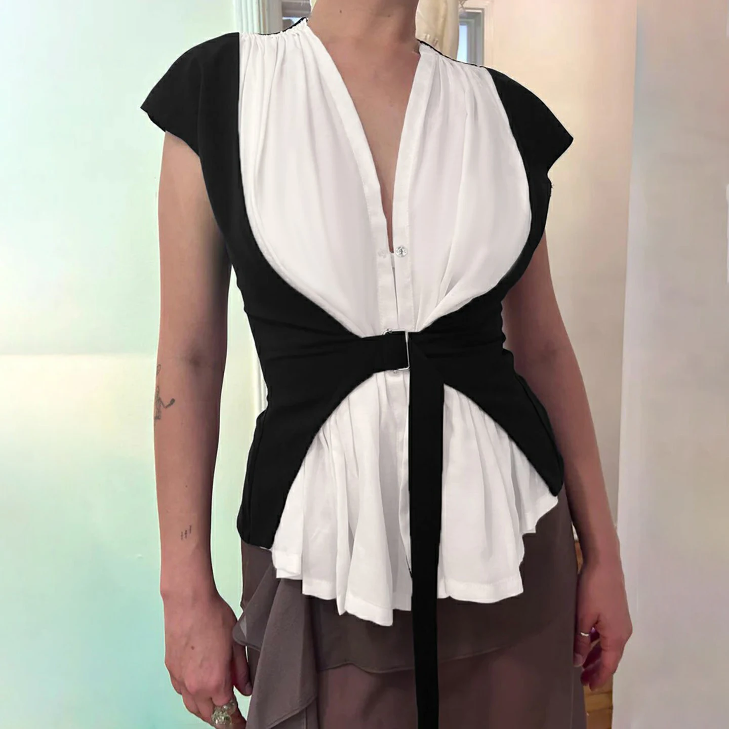 SUCHCUTE Elegant Women Contrast Color Block Top Deep V Neck Cap Sleeve Button Front Waist Strap Belt Peplum Hem Slim Fit Office