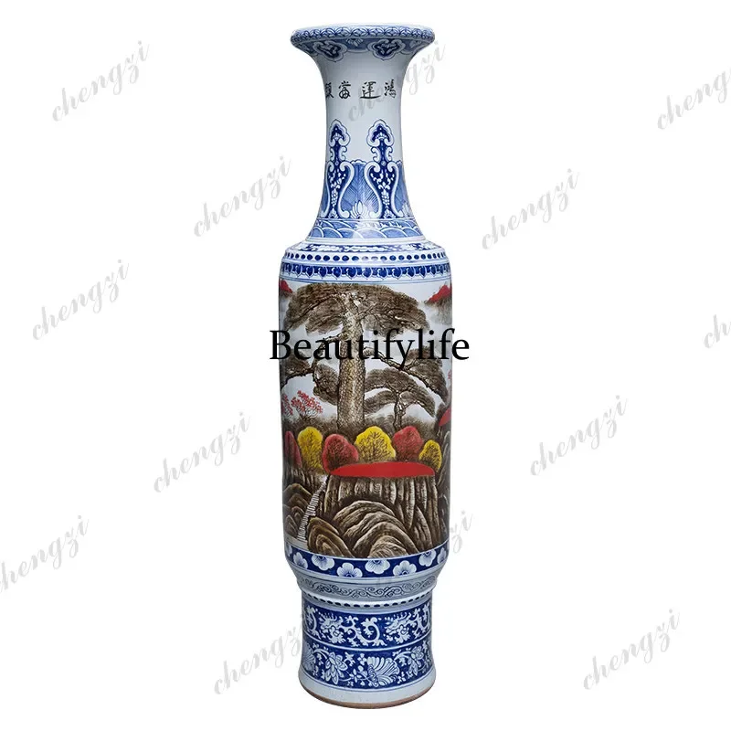 H132 Hand-painted lucky landscape landing vase Jingdezhen ceramic Chinese living room hotel ornament