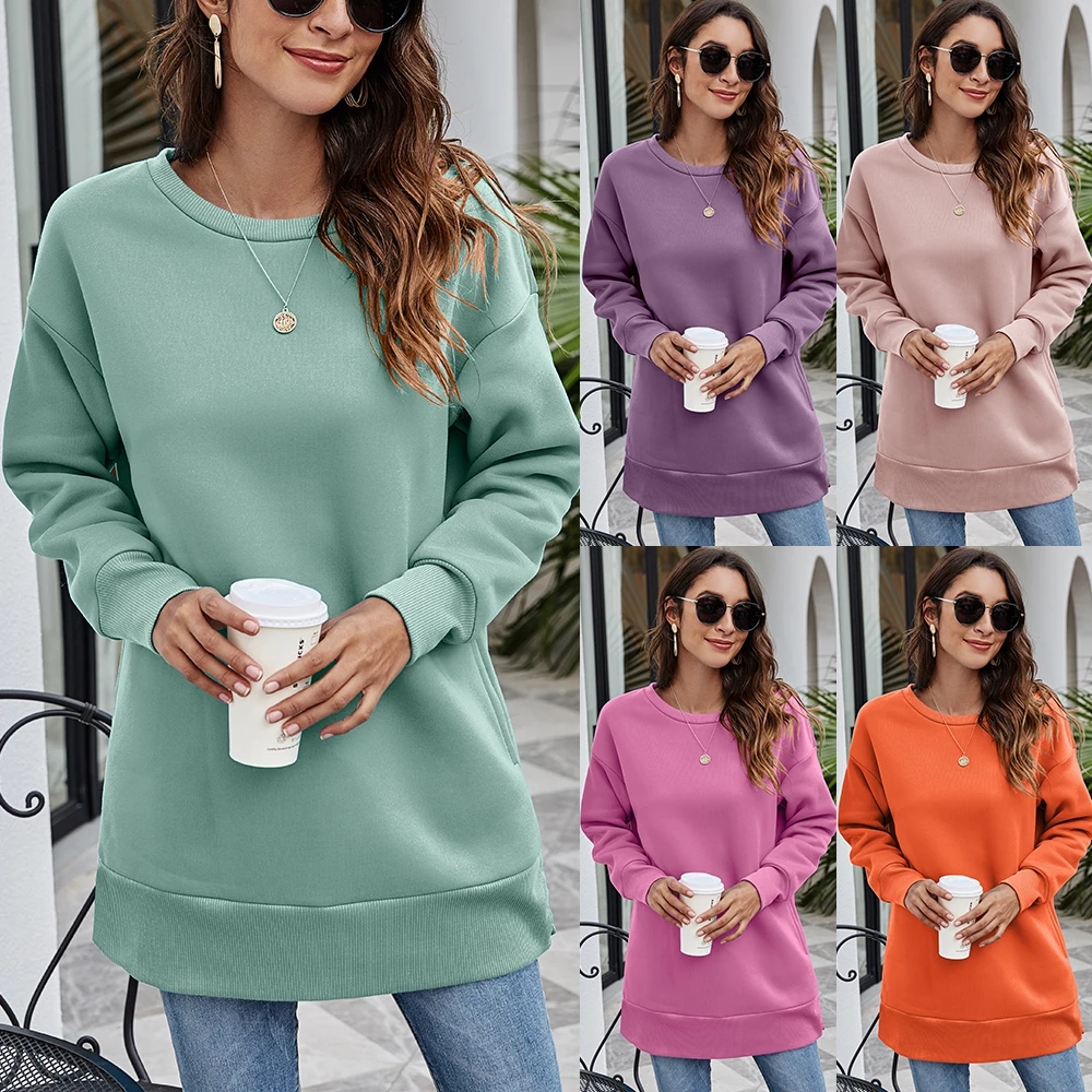 Casual Loose Sweater Women's 2023 Autumn/Winter New Solid Loose Comfortable Round Neck Pocket Mid length Side Pocket Pullover