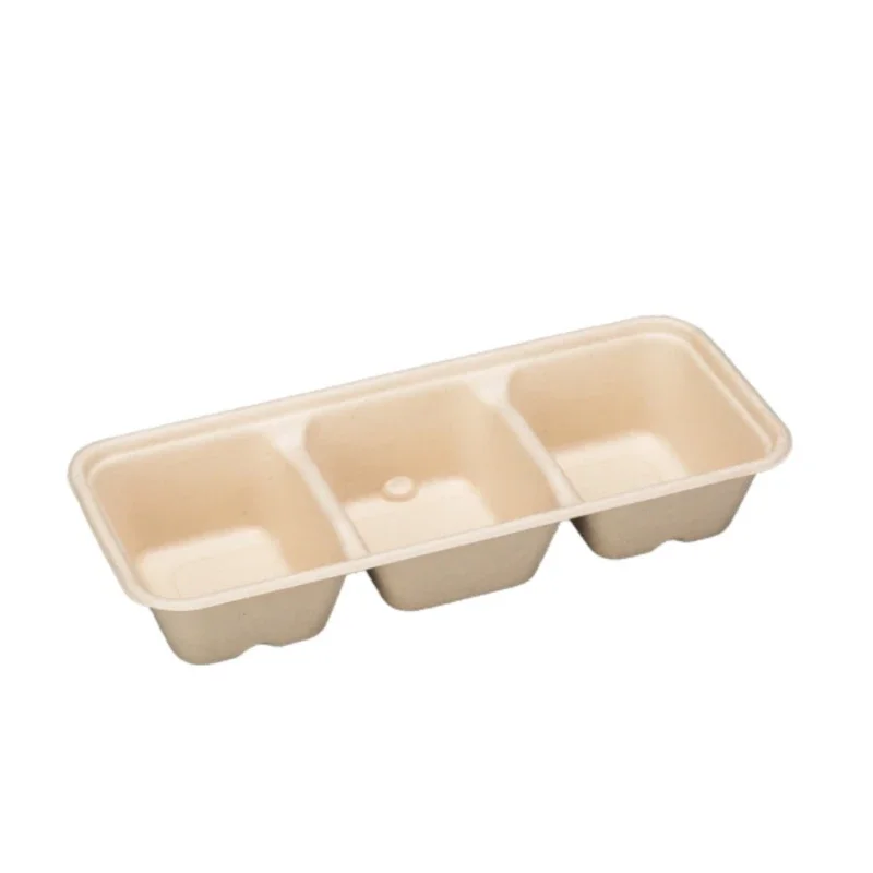 50pcs Long Three Grid Lunch Box Pulp Degradable Packaging Box Environmentally Friendly Takeout Sushi Bento Box, Cream Box