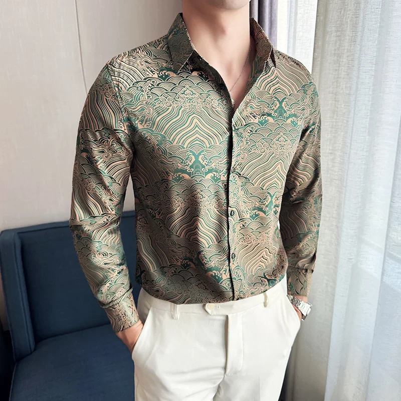 

High-quality Men's Printed Long-sleeve Shirt, Fashionable Slim-fit Youth Nightclubs, Parties, Luxurious Shirts.M-4XL