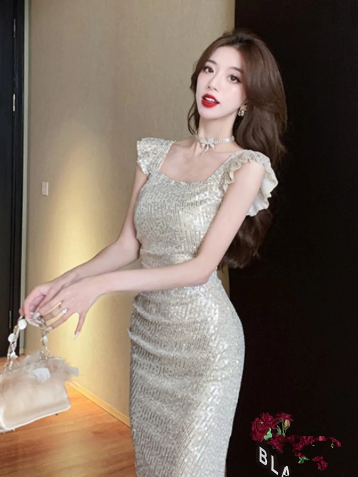 Ele High-End Sequin Slim Fit Eén schouder Dr Avondjurk Koreaanse Sle Pendelen Pure Kleur Hoge Taille Midi Rok