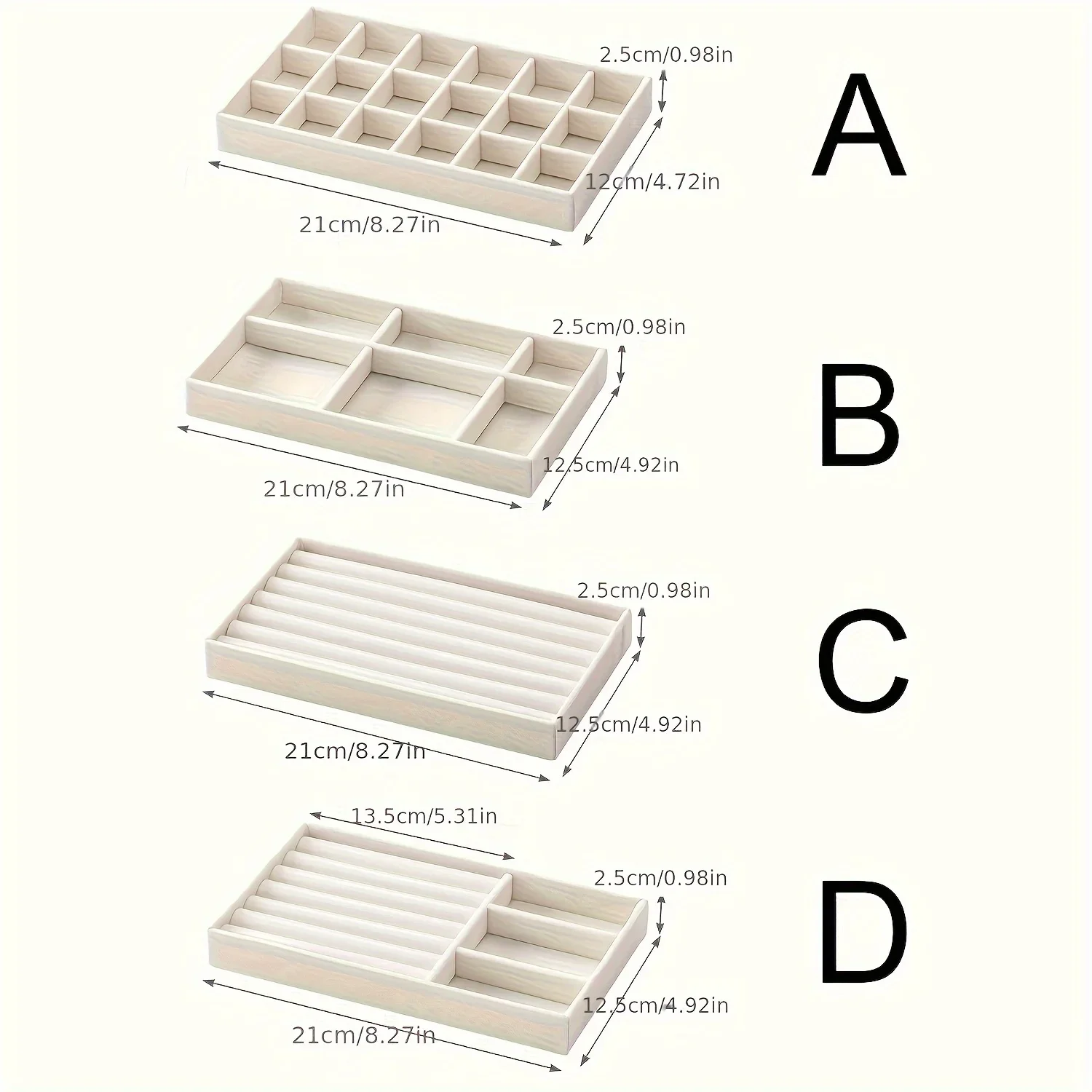 4pcs Velvet Jewelry Storage Organizer, Multi-Grid Display Tray for Rings, Earrings, Bracelets, Necklaces, Brooches, Watches