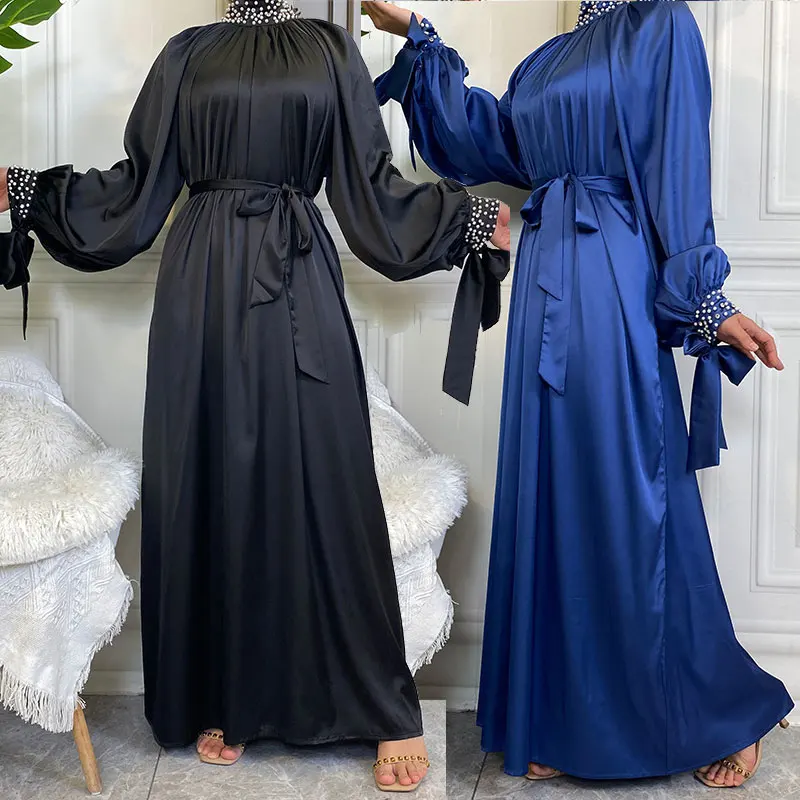 

Islamic Satin Long Dress White Pearl Neck Cuffs Muslim Women Luxury Abaya Woman Dubai Modest Ramadan Abayas Femme Black Kebaya