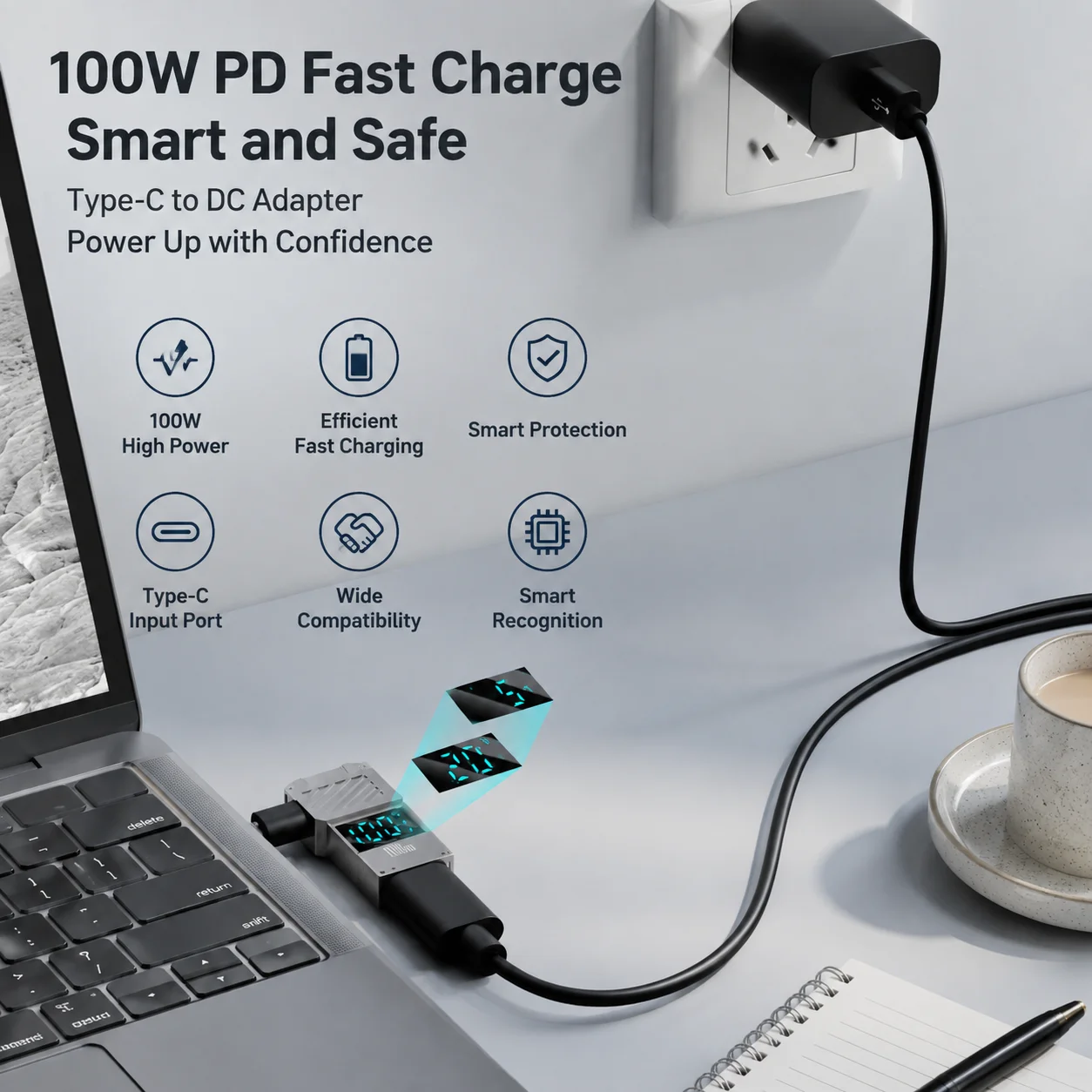 1pc USB C to DC Adapter Flame Retardant for Laptops 100W PD Fast Charging Converter LED Display 19V 3.33A Right Angle Plug