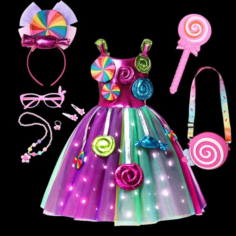 Rainbow Sweet Lollipop Candy Kids Dress Carnival Party Girl Birthday Costume Fancy LED Light Tutu Children Wedding Clothes