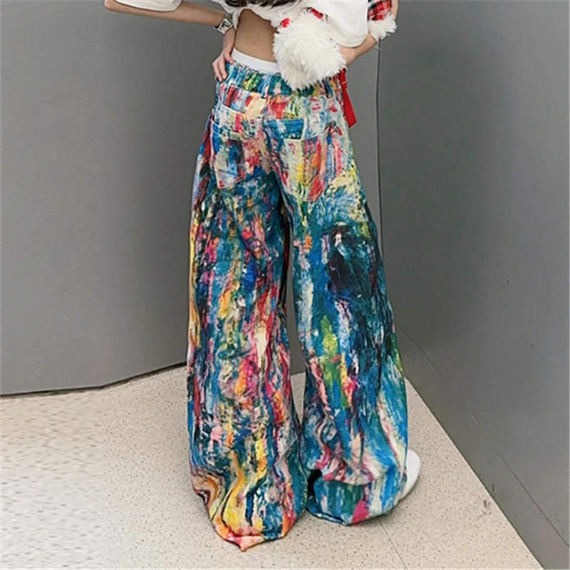 

Child Hip Hop Jeans Trousers Fashion Kids Girl Oil Painting Jeans with Colorful Prints European American Street Y2k Denim Pants